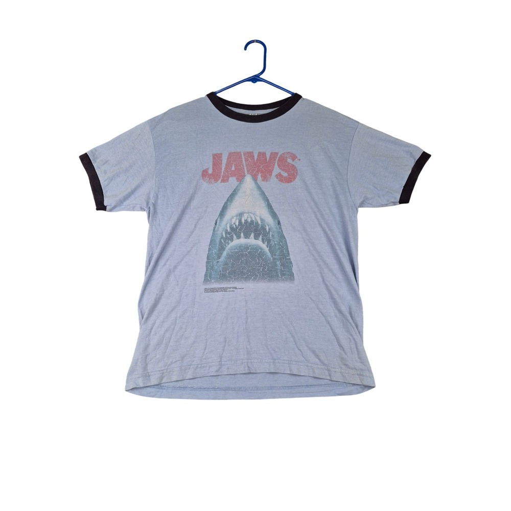 Jaws Movie Graphic Ringer T-Shirt Mens Light Blue Thunder Creek Shark Tee Sz M